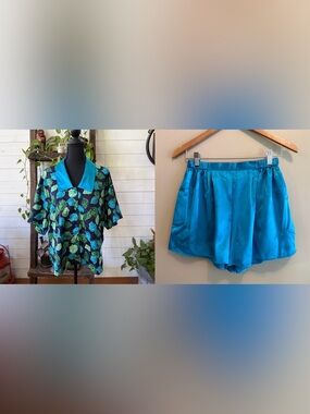 Victoria's Secret Vintage Gold
Label  Blue & Green Leaf Print Satin Pajama Set